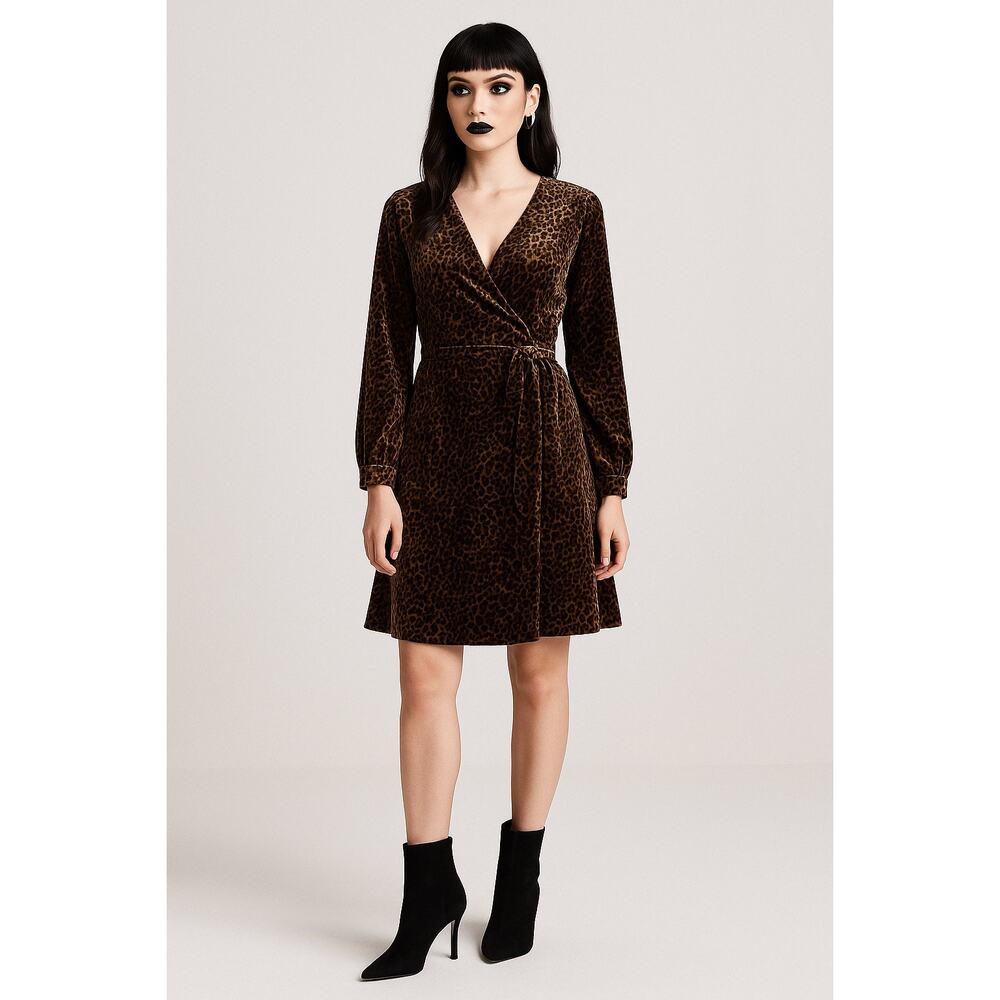 J.Crew Velvet Leopard Print Long Sleeve Wrap Dress Size 00 Lined Animal Print